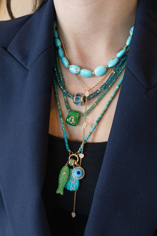 14K Gold Carved Chrysoprase Diamond Fish Charm