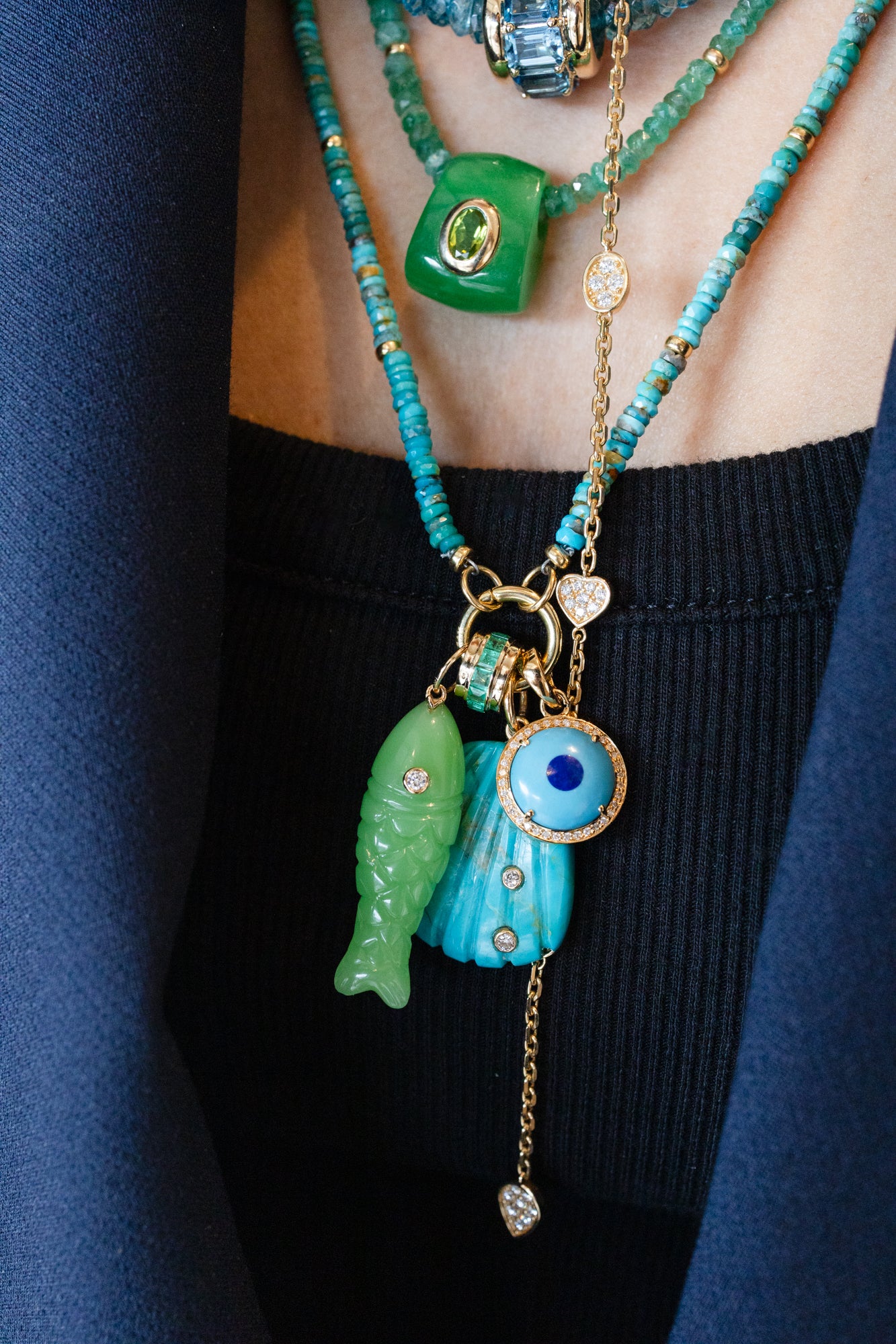 14K Gold Carved Chrysoprase Diamond Fish Charm