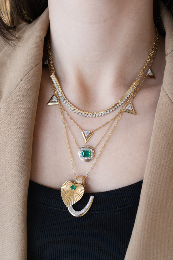 14K Gold Emerald Diamond Disk Necklace