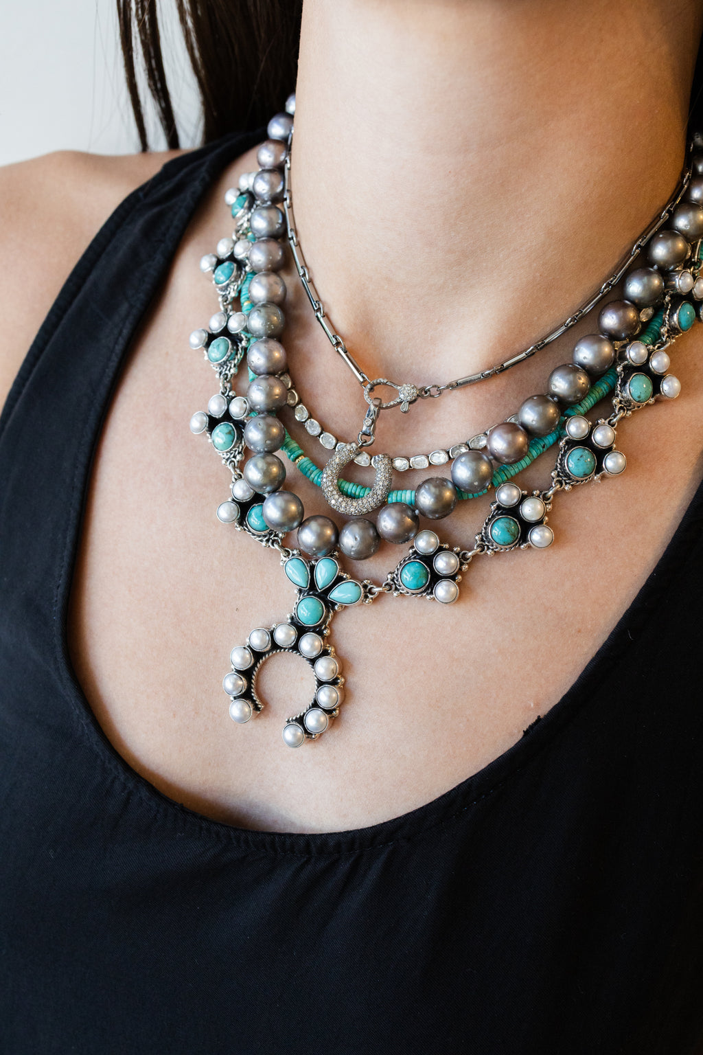 Federico Small Pearl Naja Turquoise Squash Blossom Necklace