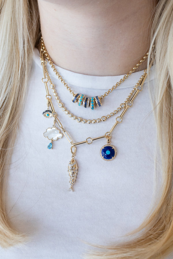 18K Gold Curved Lapis Circle Evil Eye Charm