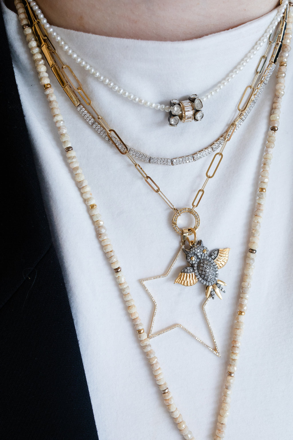 14K Gold & Silver Diamond Owl Charm