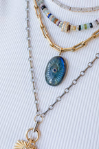 14K Gold Bezel Blue Sapphire Carved Labradorite Evil Eye Pendant
