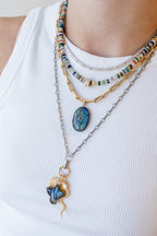 14K Gold Bezel Blue Sapphire Carved Labradorite Evil Eye Pendant