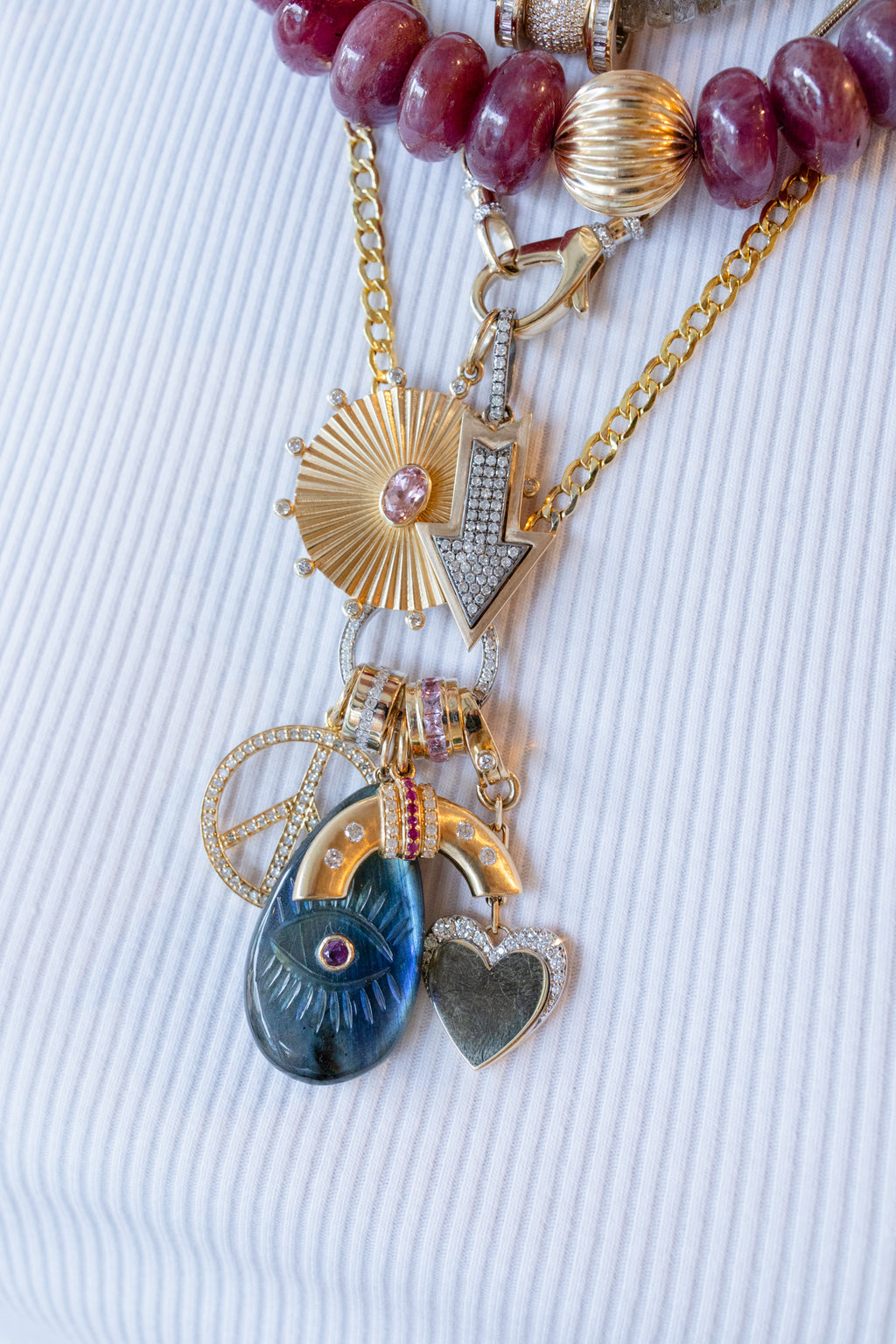14K Gold Bezel Ruby Carved Labradorite Evil Eye Pendant