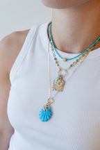 14K Gold Diamond Turquoise Carved Scallop Shell Pendant