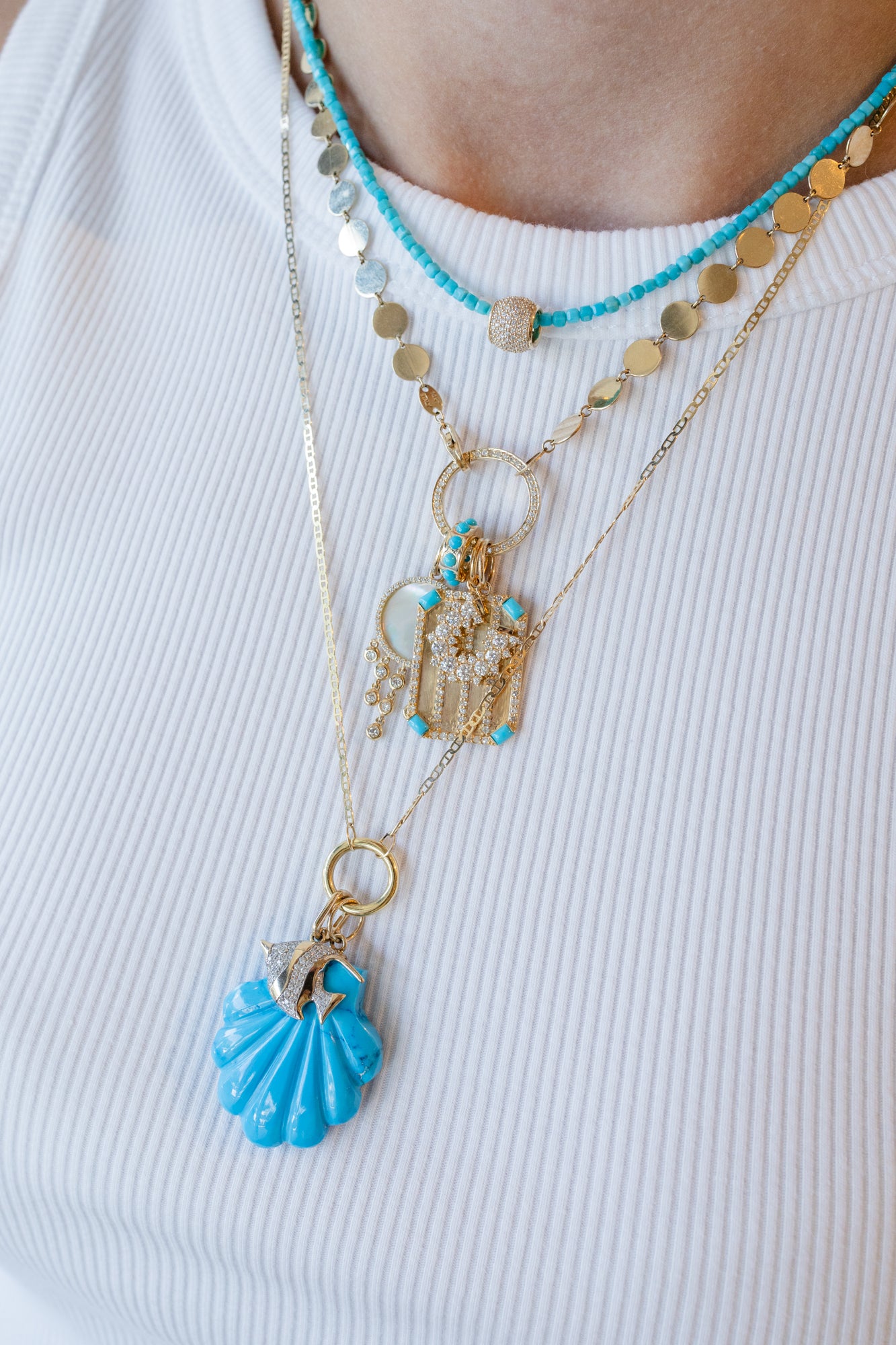 14K Gold Diamond Turquoise Carved Scallop Shell Pendant