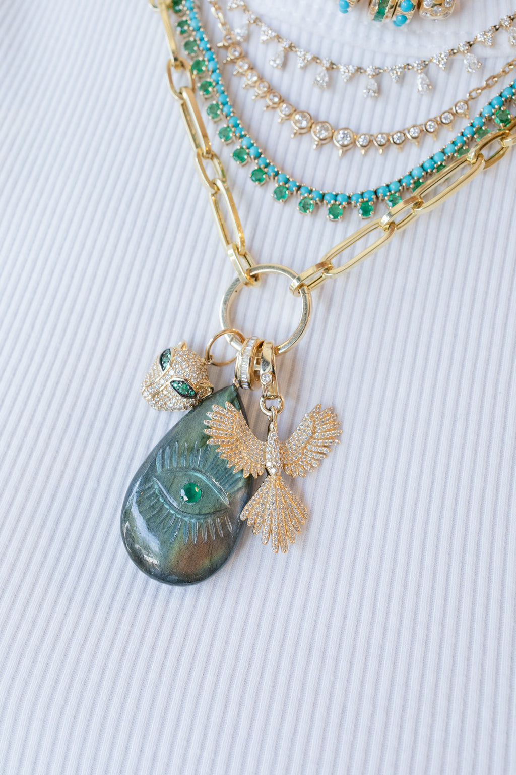 14K Gold Emerald Carved Labradorite Evil Eye Pendant