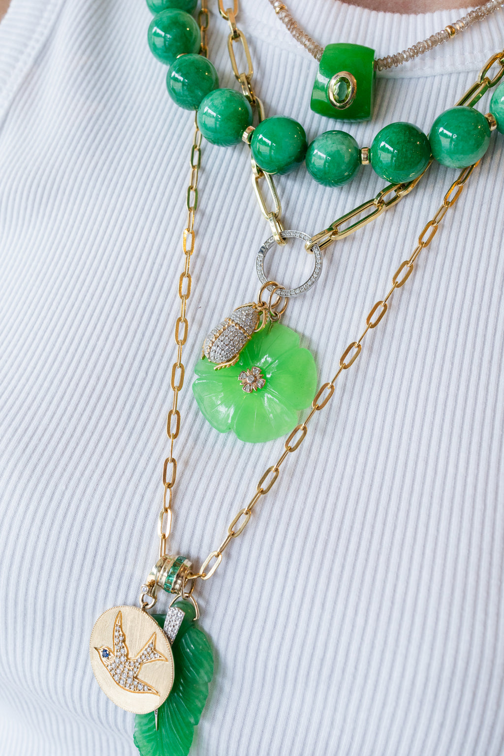 14K Gold Chrysoprase Diamond Flower Charm