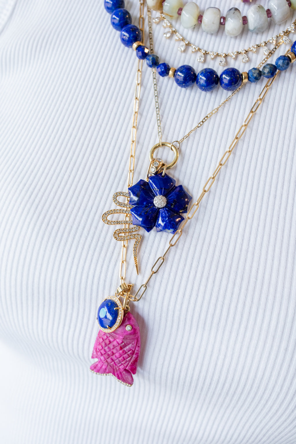 14K Gold 5 Petal Lapis Diamond Flower Charm