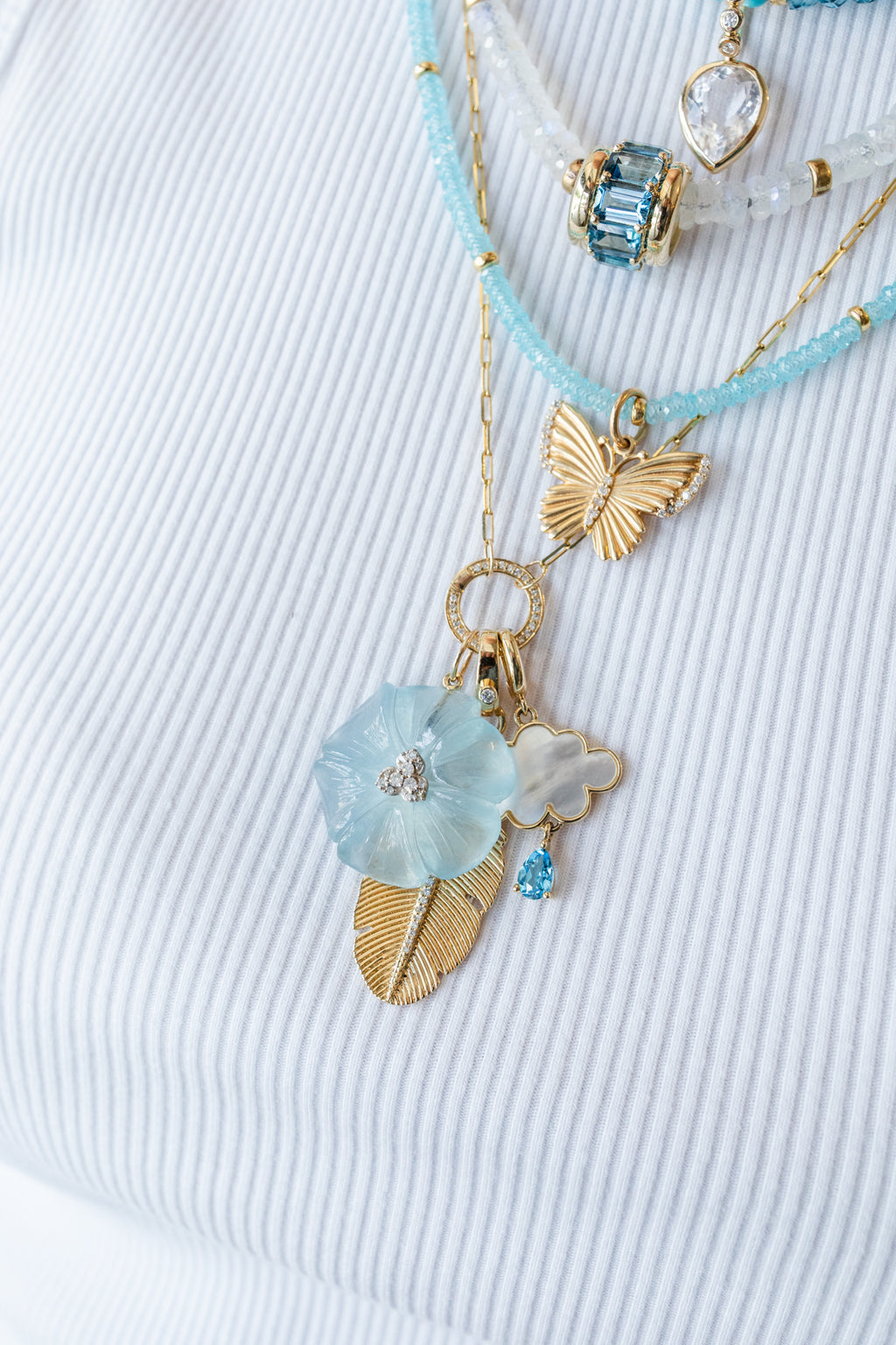 Small 14K Gold Aquamarine Diamond Flower Charm