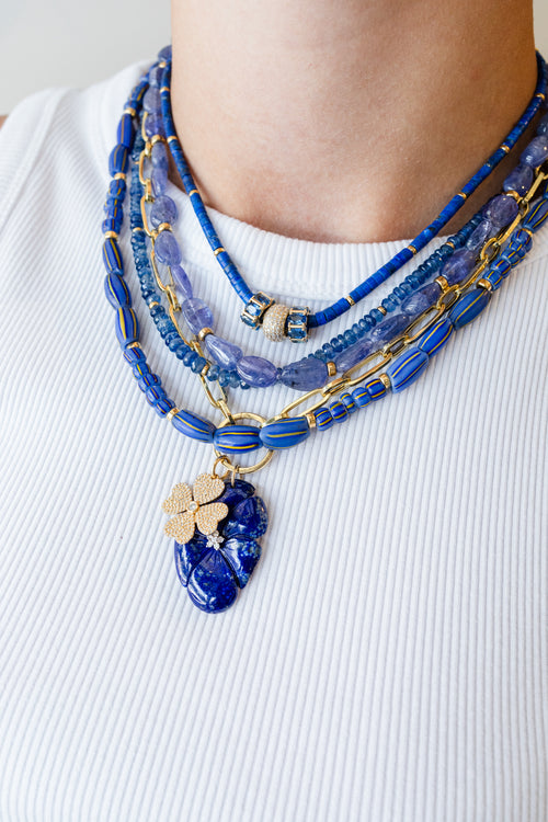 14K Gold 6 Petal Oval Lapis Diamond Flower Charm