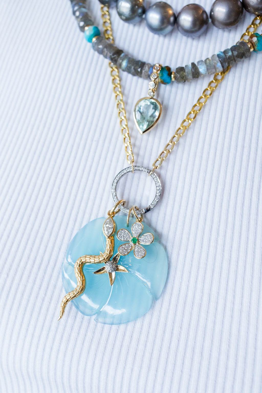 14K Gold Blue Chalcedony Diamond Flower Charm