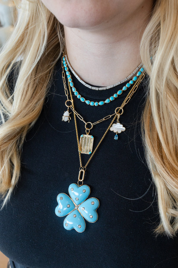 XL 14K Gold Turquoise Diamond Clover Charm