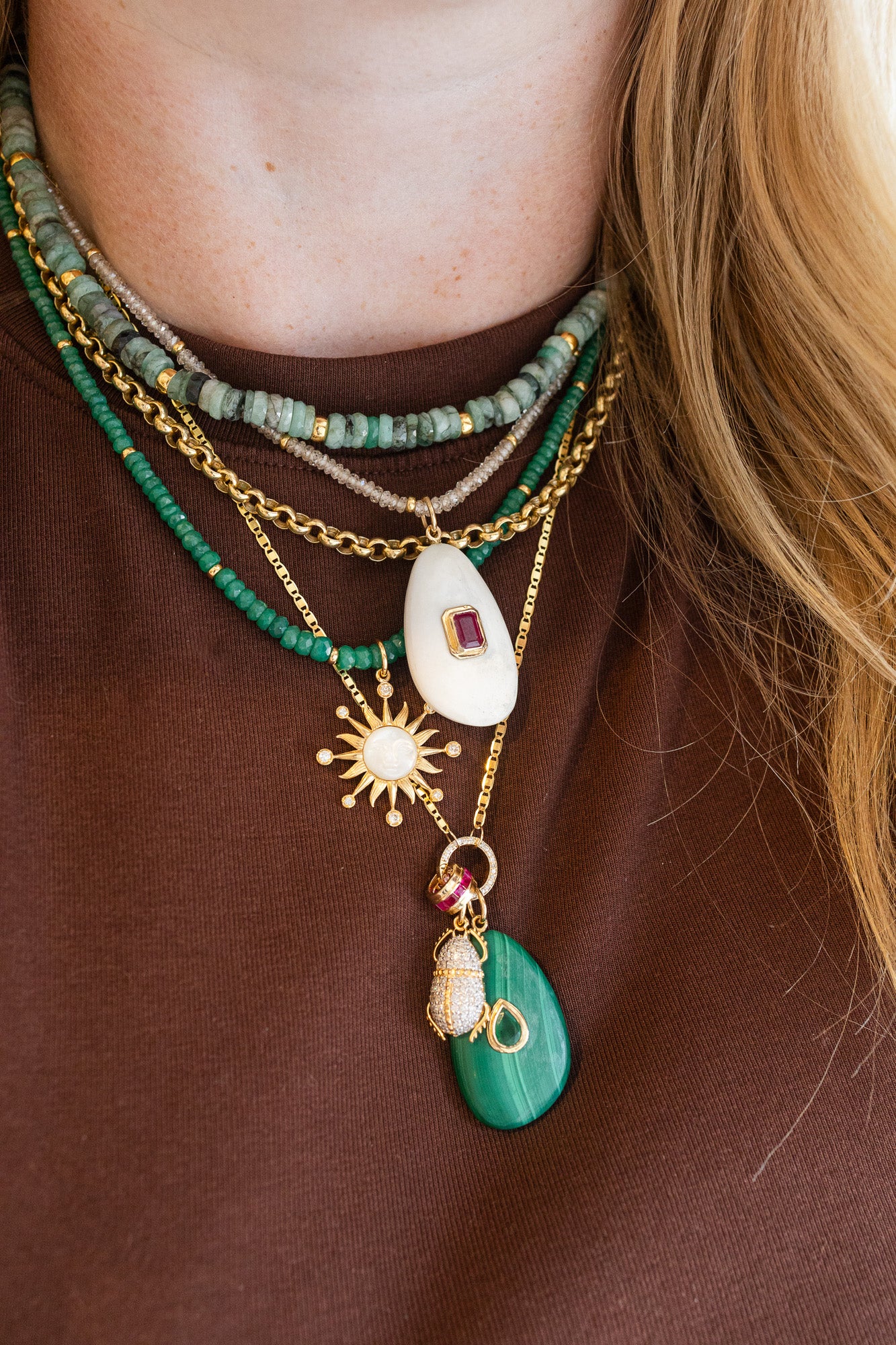 14K Gold Mother of Pearl Carved Sun Face Charm