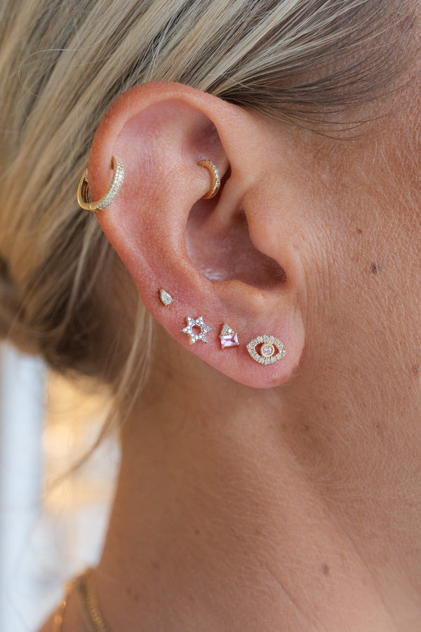 Small 14K Gold Diamond Cut Out Evil Eye Studs