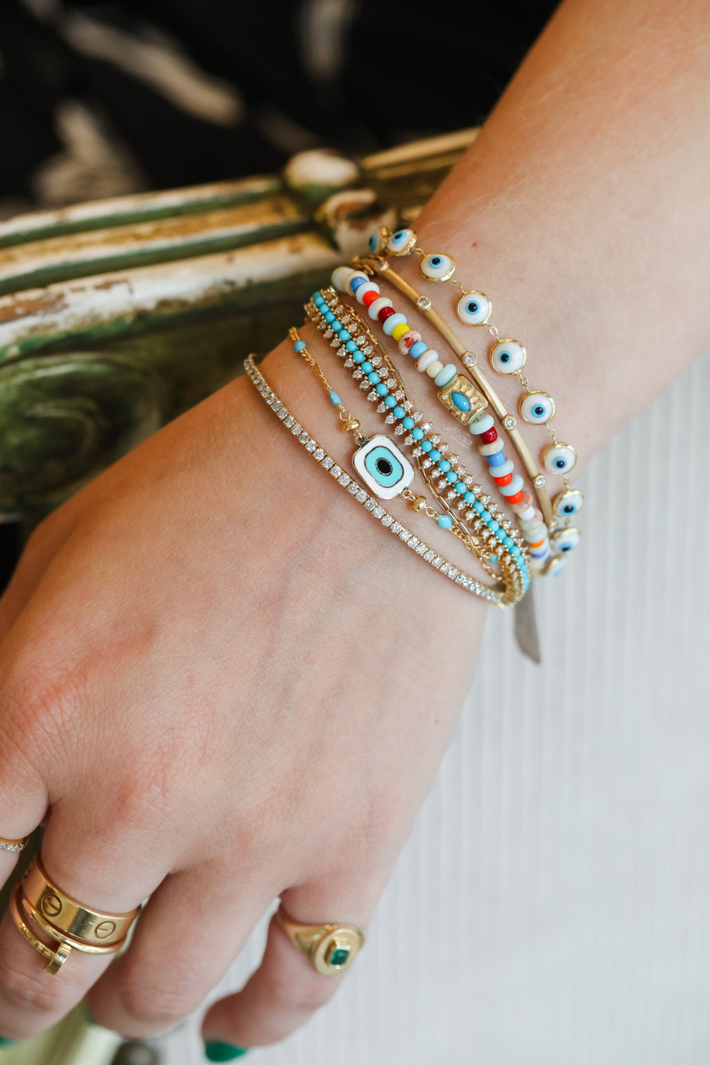 Turquoise Tin Cup White Greek Evil Eye Bracelet