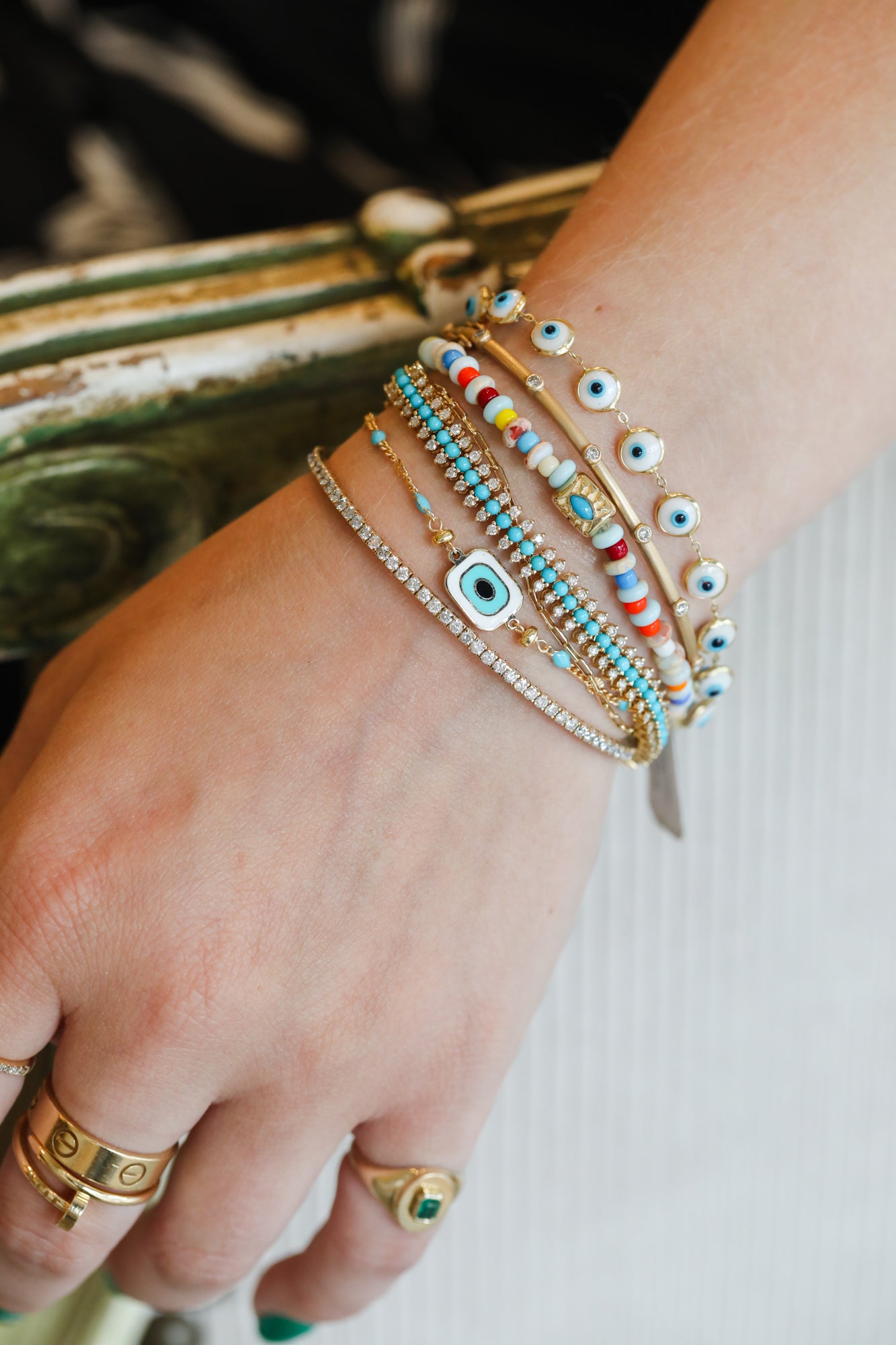 Turquoise Tin Cup White Greek Evil Eye Bracelet