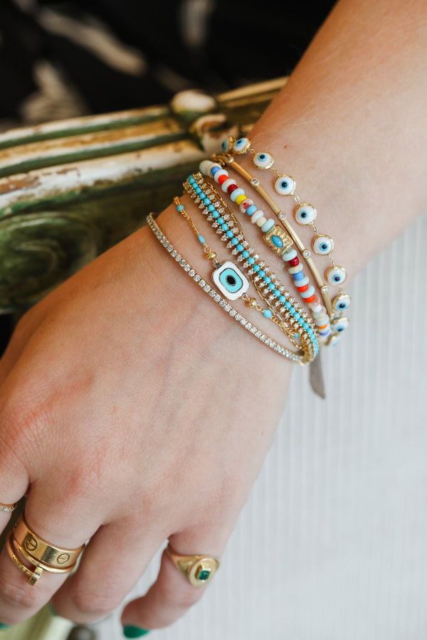 Turquoise Tin Cup White Greek Evil Eye Bracelet