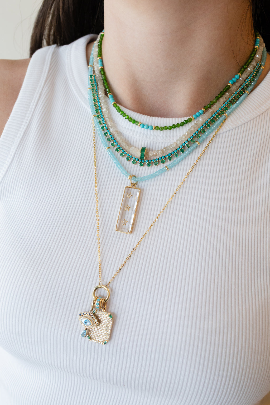 14K Gold Emerald Spacer White Zircon Necklace