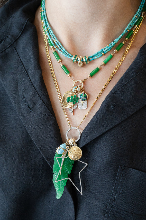 14K Gold Diamond Craved Green Onyx Leaf Charm