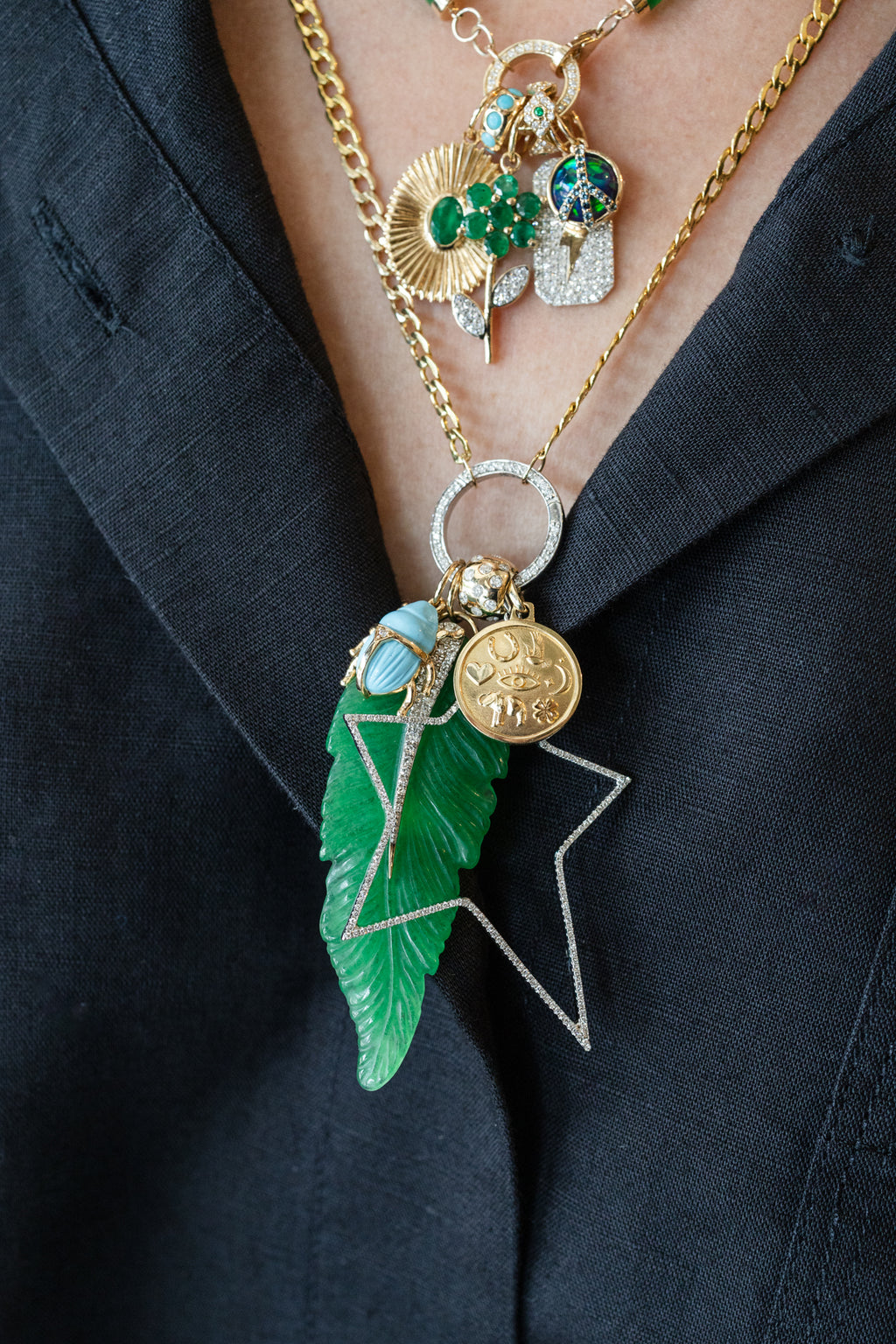 14K Gold Diamond Craved Green Onyx Leaf Charm