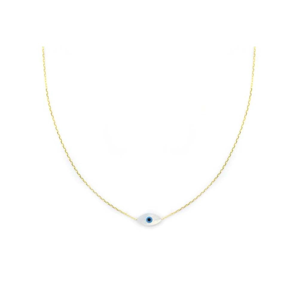 Small 14K Greek Gold Mother of Pearl Evil Eye Necklace