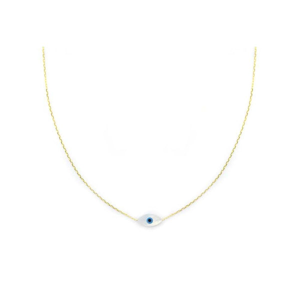 Small 14K Greek Gold Mother of Pearl Evil Eye Necklace