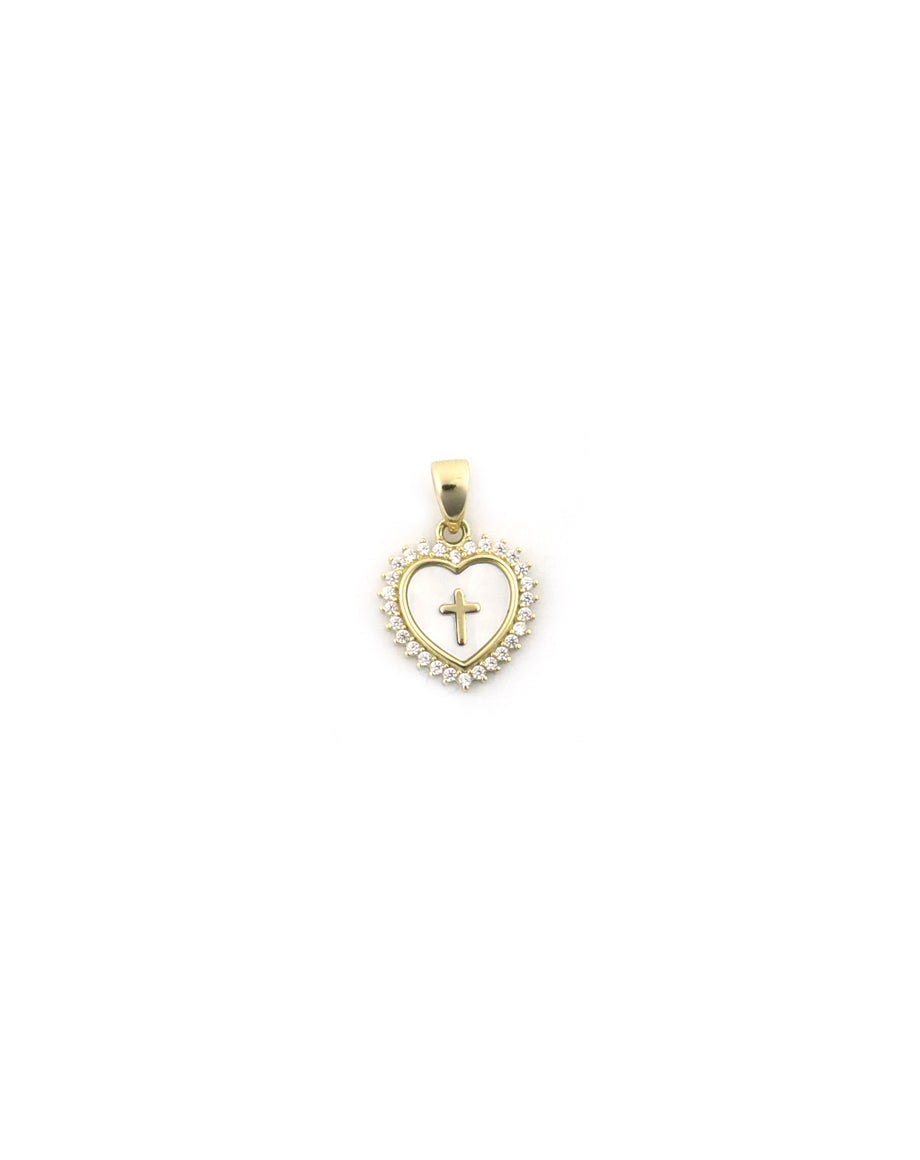 Small 14K Gold Mother of Pearl Heart Cross Charm