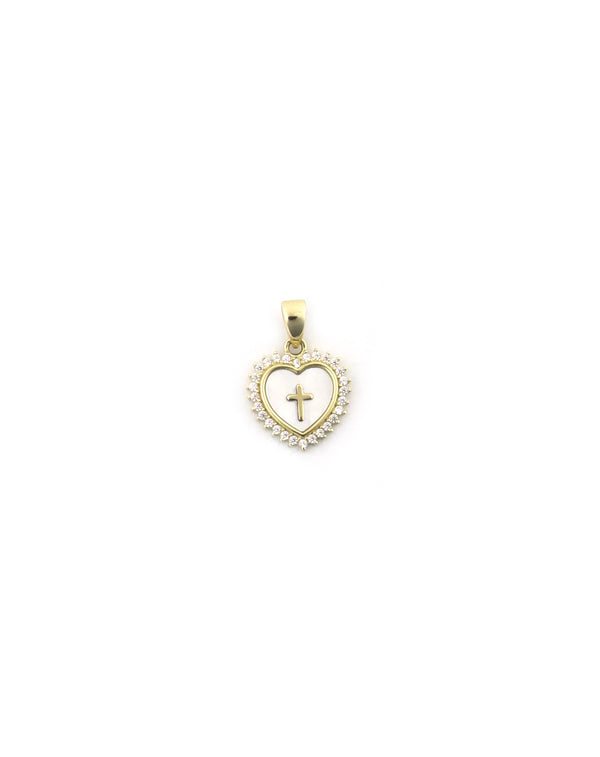 Small 14K Gold Mother of Pearl Heart Cross Charm
