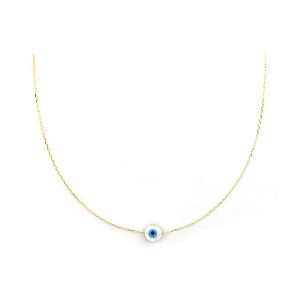 Small 14K Gold Greek Round Mother of Pearl Evil Eye Necklace