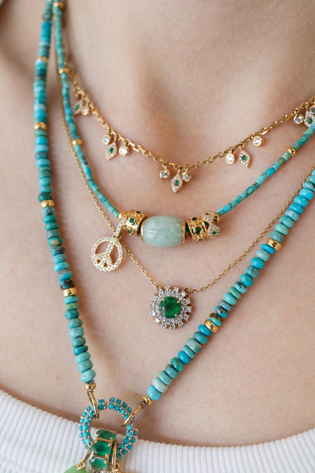 14K Gold Diamond Round Emerald Retro Necklace