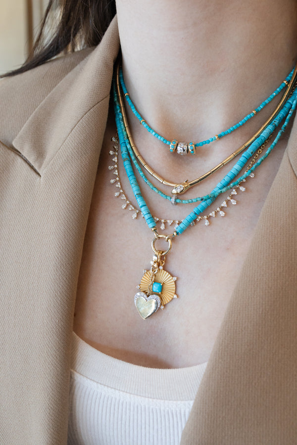 14K White Gold Diamond Spacer Tube Turquoise Necklace