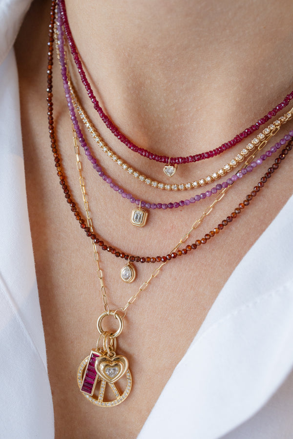 14K Gold Mini Diamond Heart Ruby Beaded Necklace