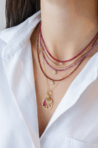 14K Gold Emerald Cut Diamond Charm Ruby Beaded Necklace