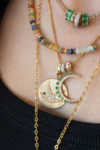 14K Gold Emerald Diamond Crescent Moon Charm