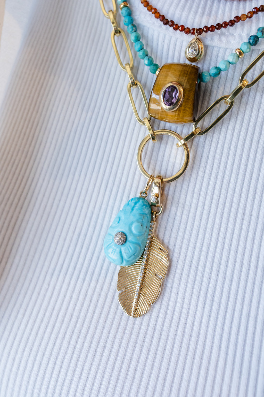 14K Gold Floral Carved Oval Turquoise Diamond Pendant