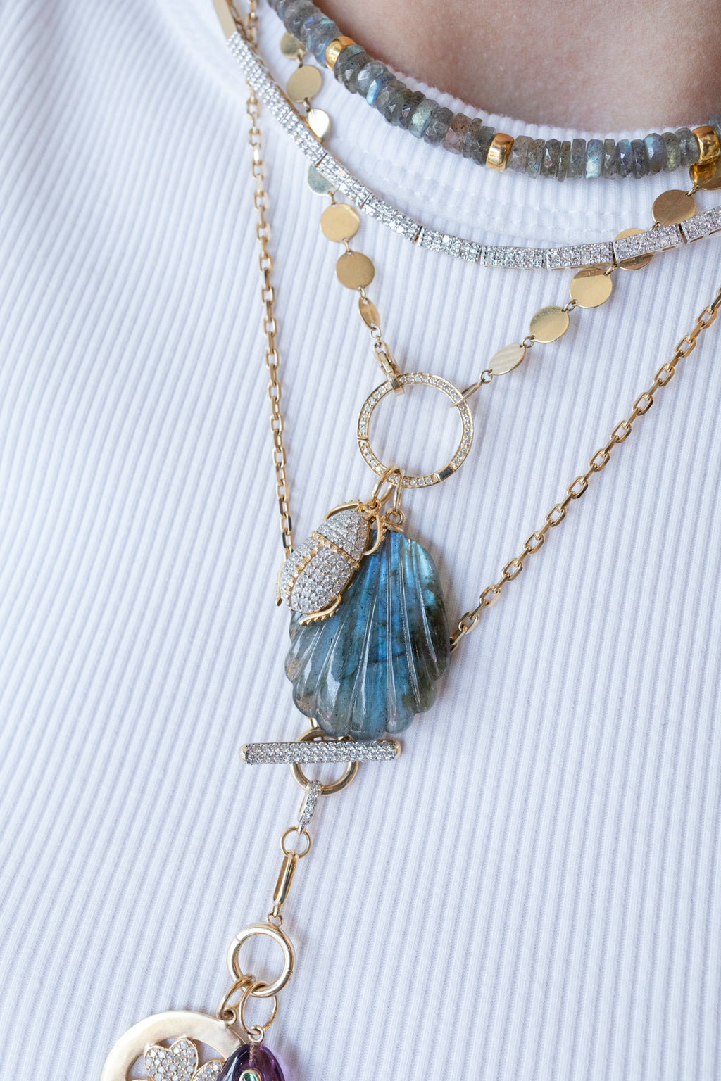 14K Gold Carved Labradorite Shell Charm
