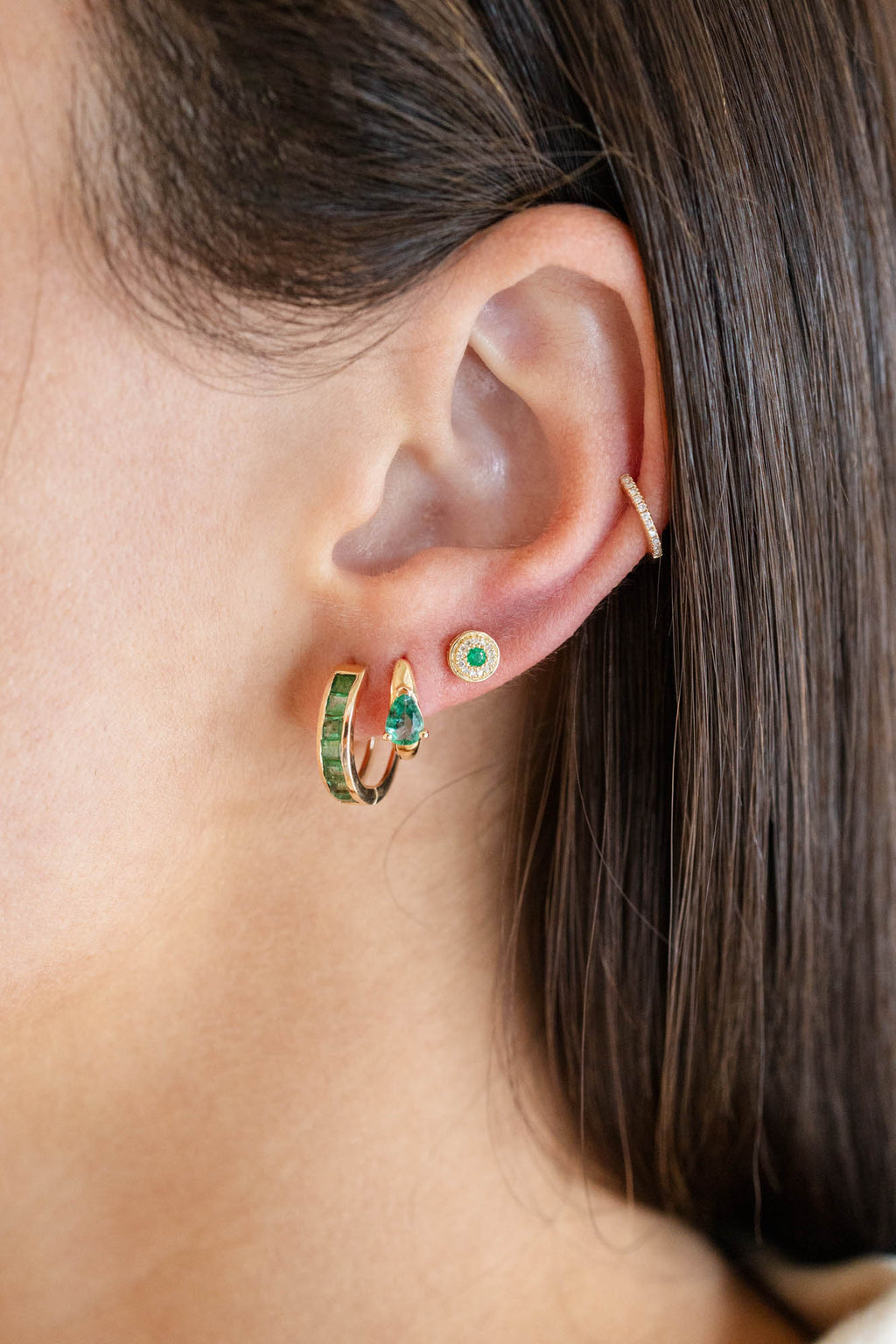 5mm 14K Gold Emerald & Pave Diamond Round Studs