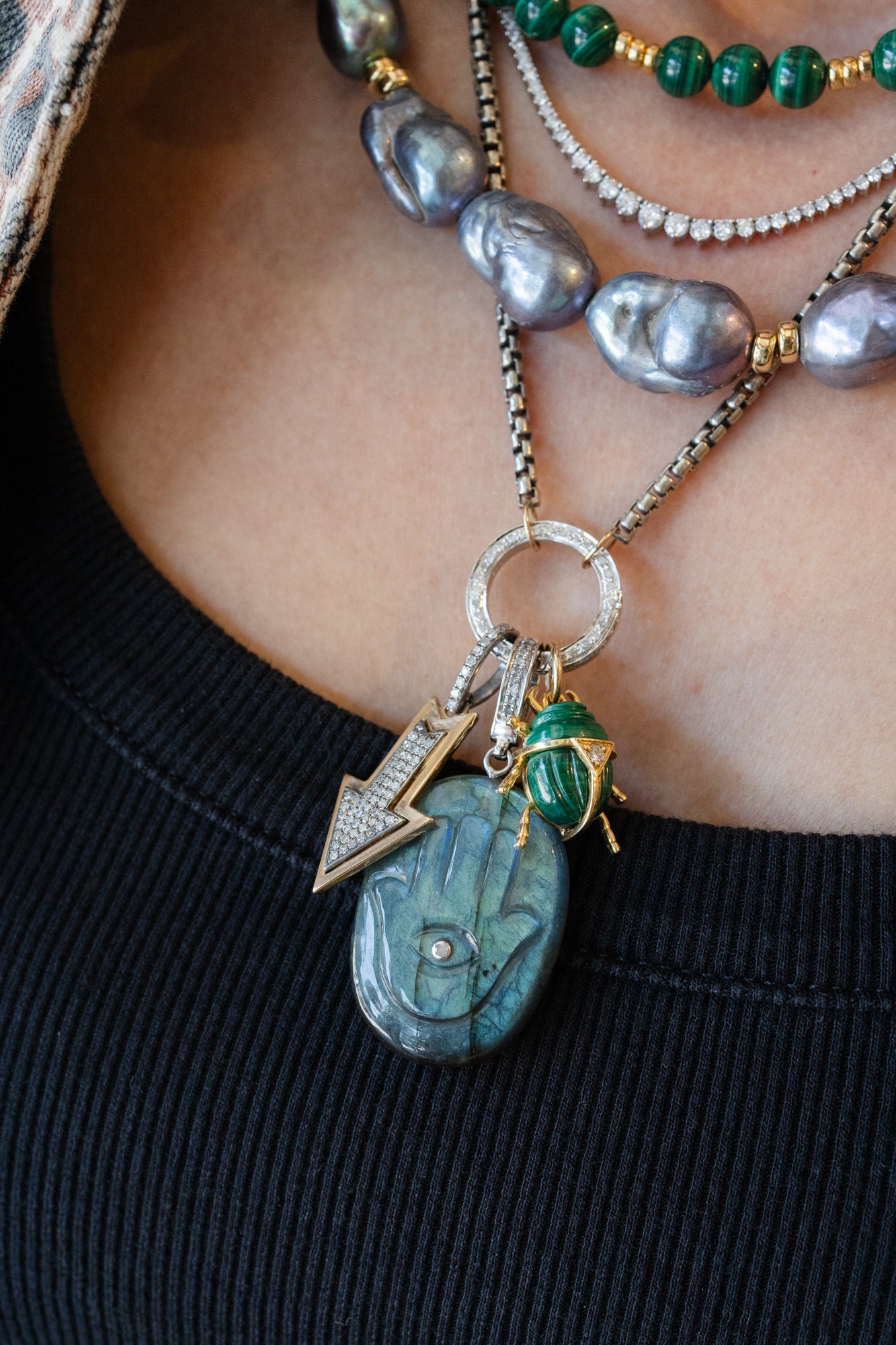 Silver Diamond Labradorite Carved Hamsa