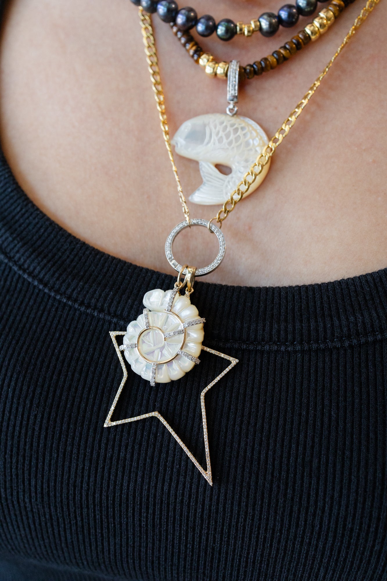 14K Gold Diamond Mother of Pearl Swirl Shell Charm