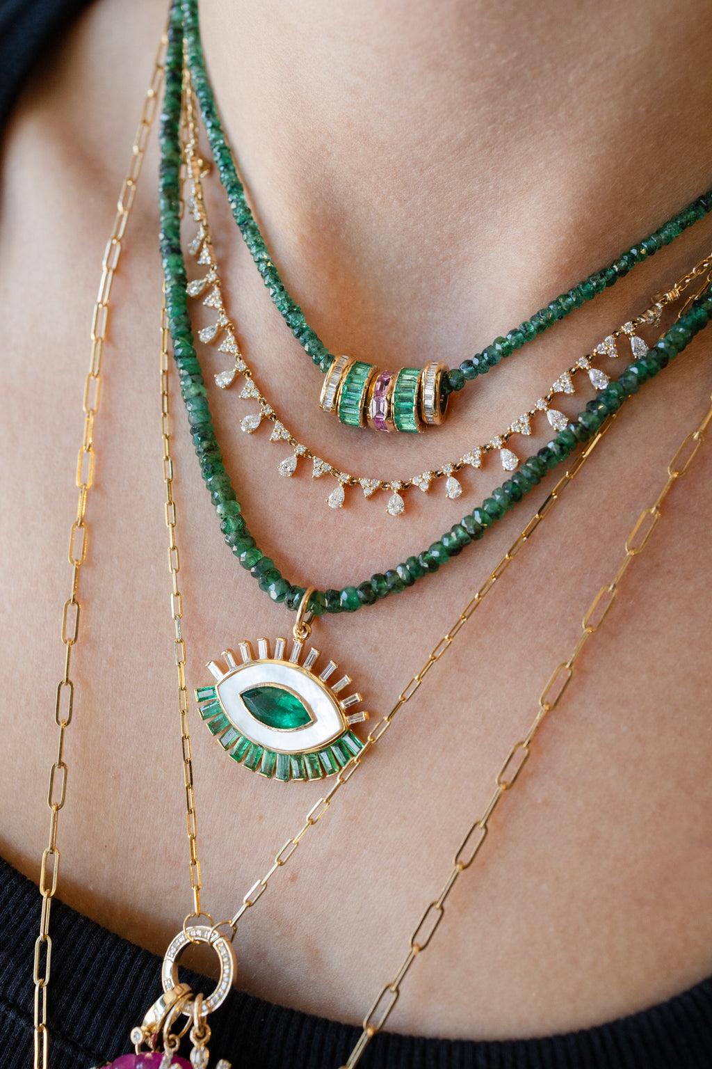 2-3mm Faceted Natural Dark Emerald Beaded Necklace
