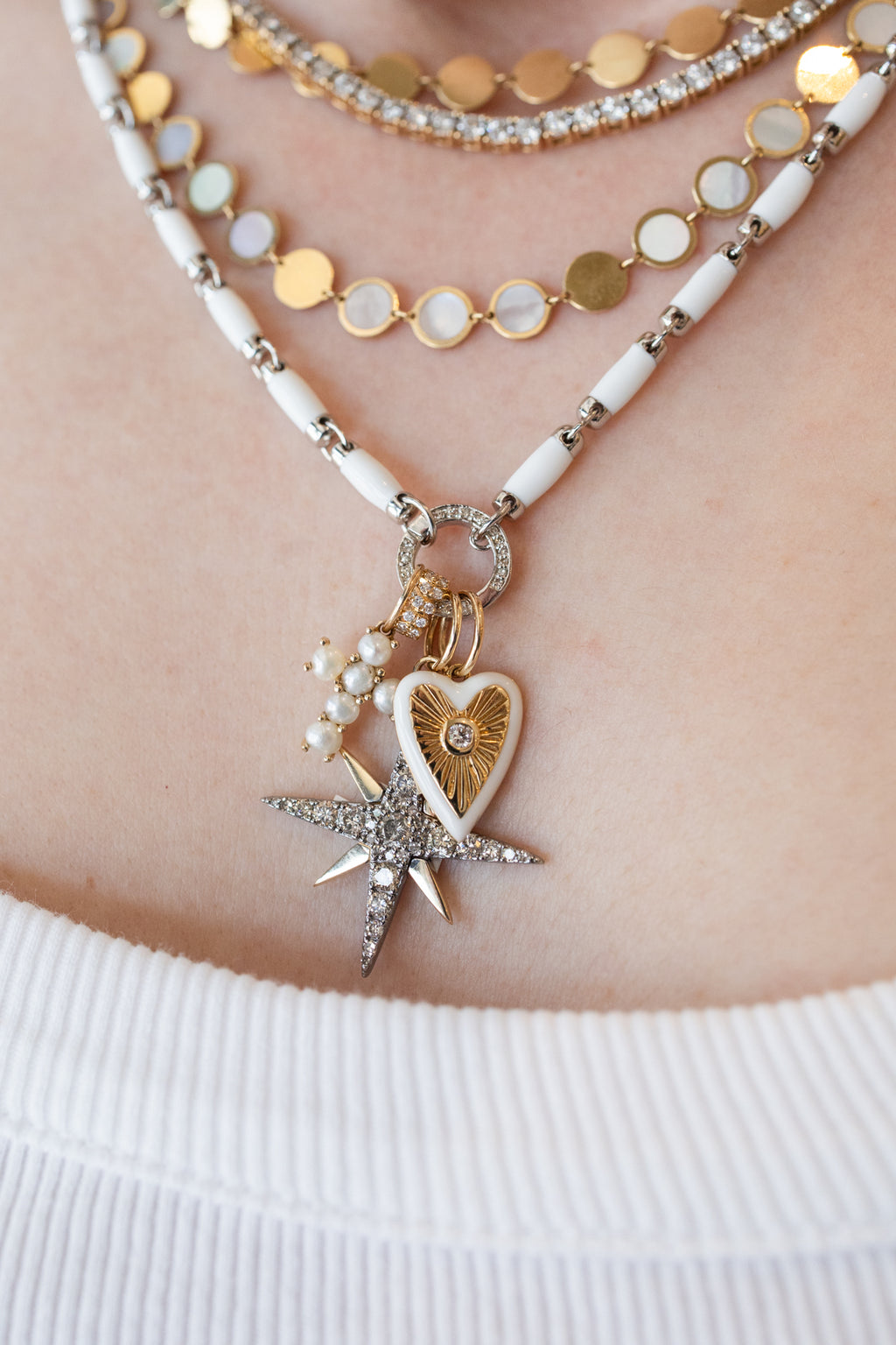 14K Gold Mini Pearl Cross Charm