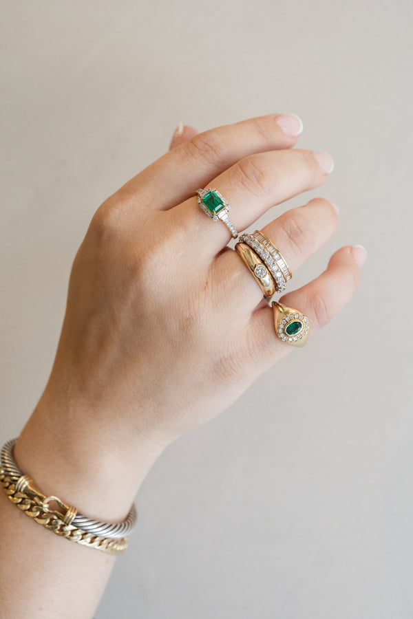 14K Gold Oval Emerald & Diamond Framed Signet Ring