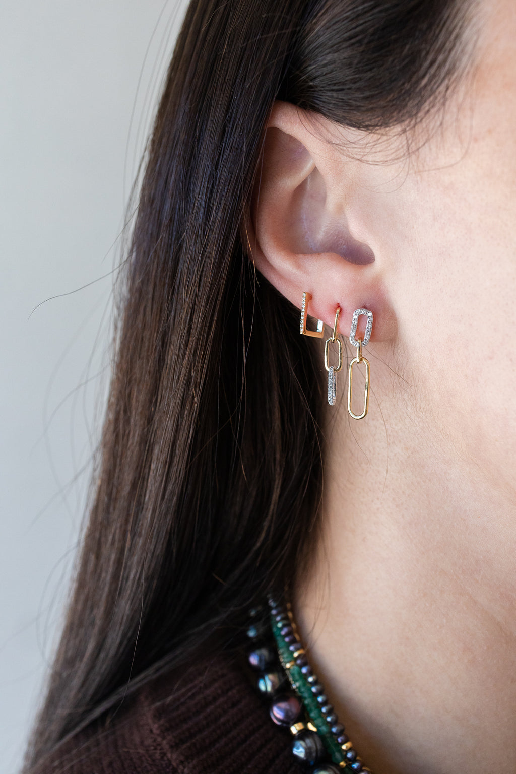 14K Gold Two Tone Top Diamond Link Earrings