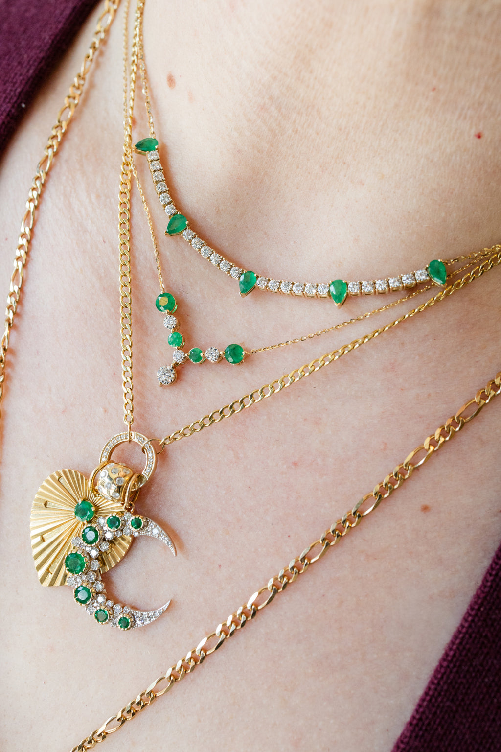 14K Gold Emerald V Diamond Drop Necklace