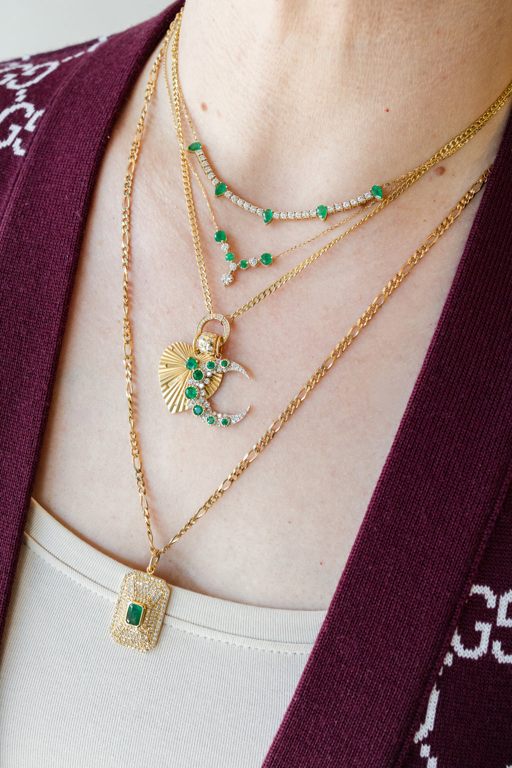 14K Gold Emerald V Diamond Drop Necklace