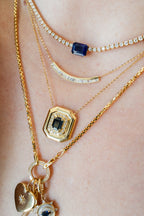 14K Gold Diamond Square Blue Sapphire Necklace