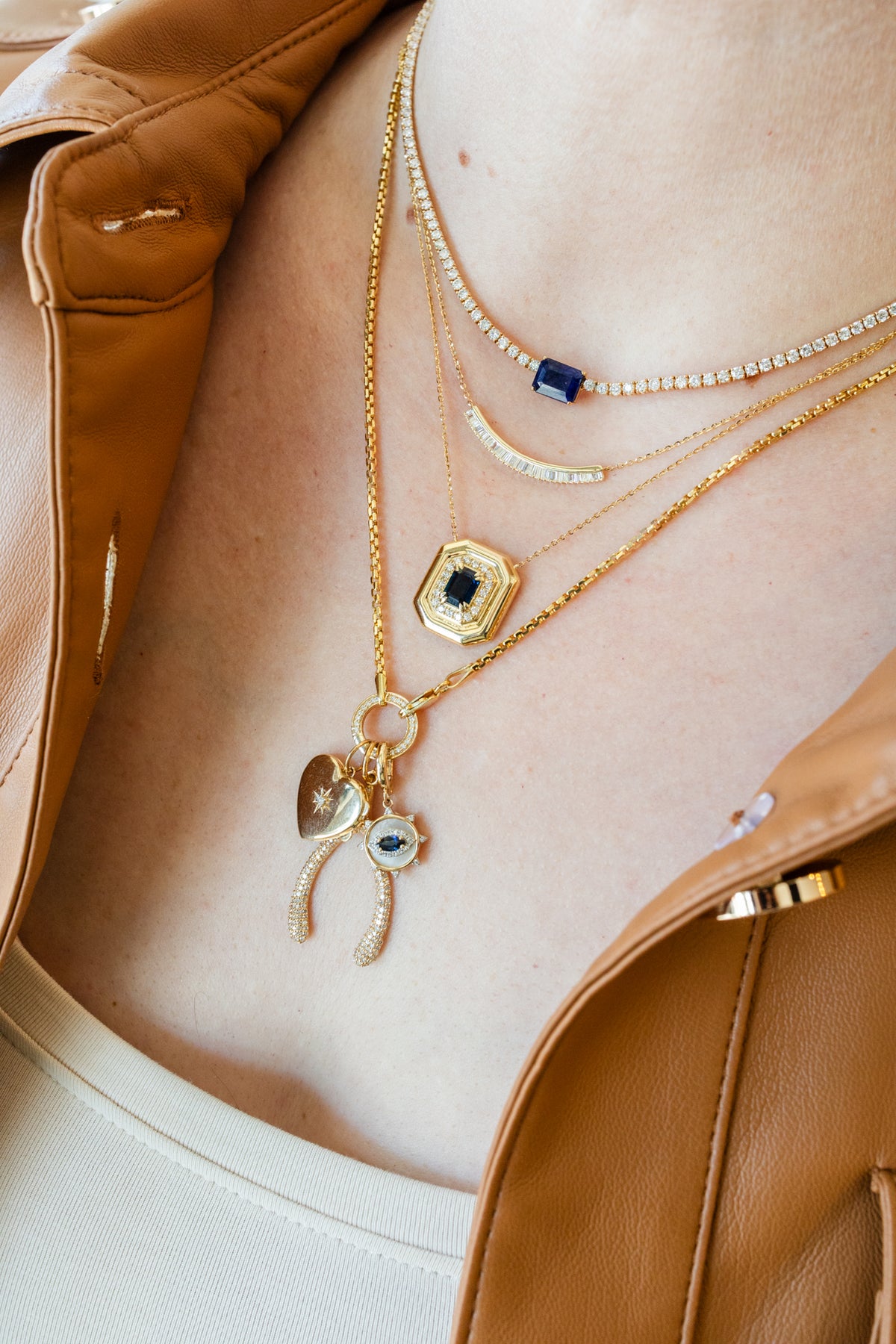 14K Gold Diamond Square Blue Sapphire Necklace