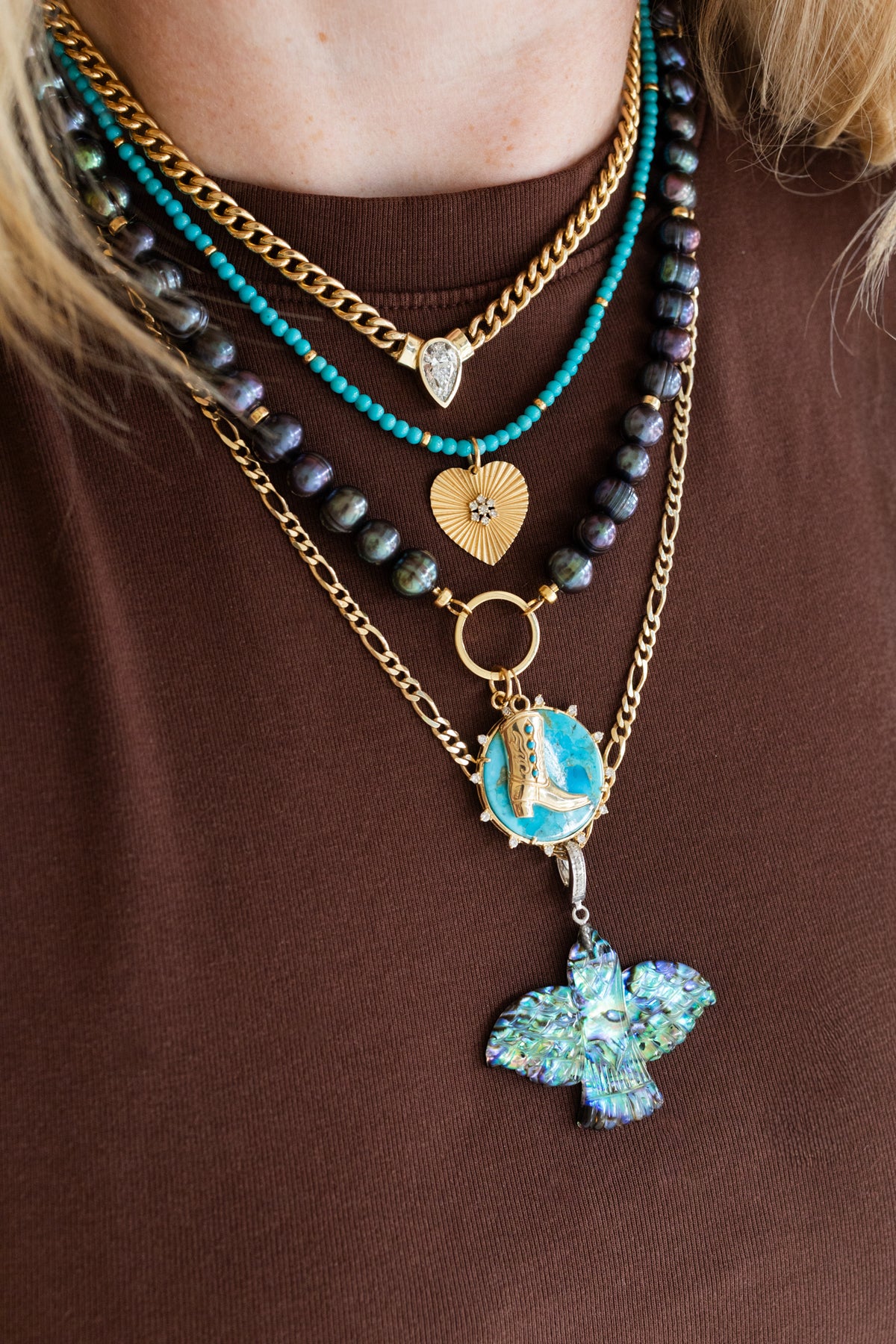 XL Carved Abalone Thunderbird Silver Diamond Charm